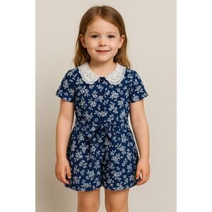Jazz Kids Blue Floral Lace Collar Button Front Romper Girls Size 8